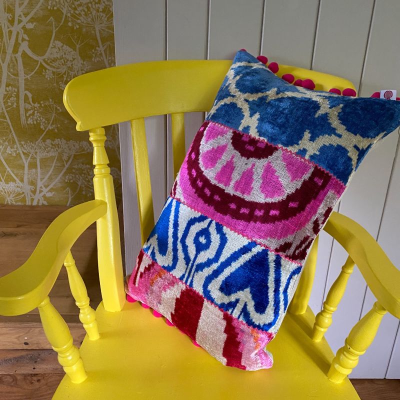 Pink & Orange Ikat velvet Cushion image