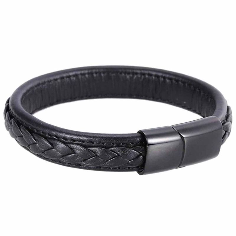 Mens Black Leather Braided Bracelet With Black Clasp image