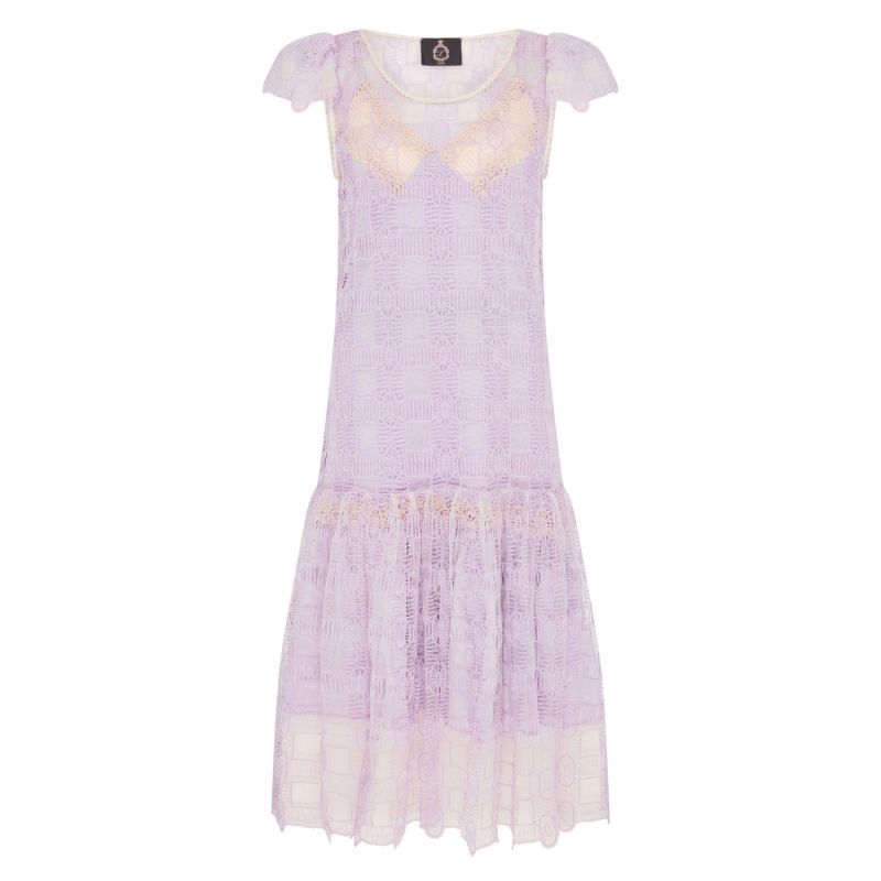 Palma Violet Crochet Lilac Short Sleeve Dress With Blossom Lilac Silk Satin Slip image