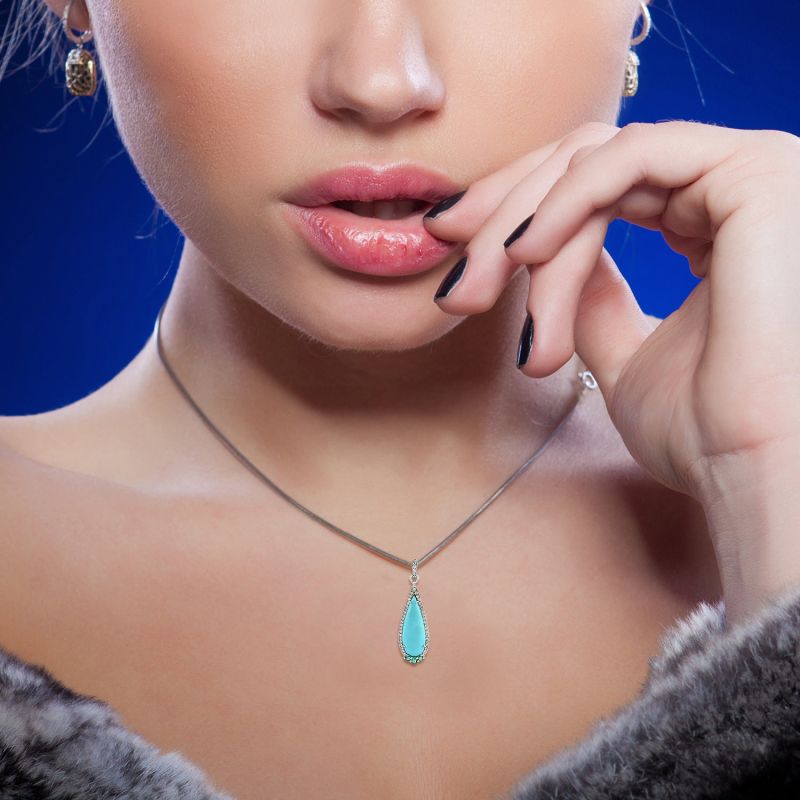 18K White Gold Pave Diamond Pear Pendant Emerald Turquoise Gemstone Jewelry image