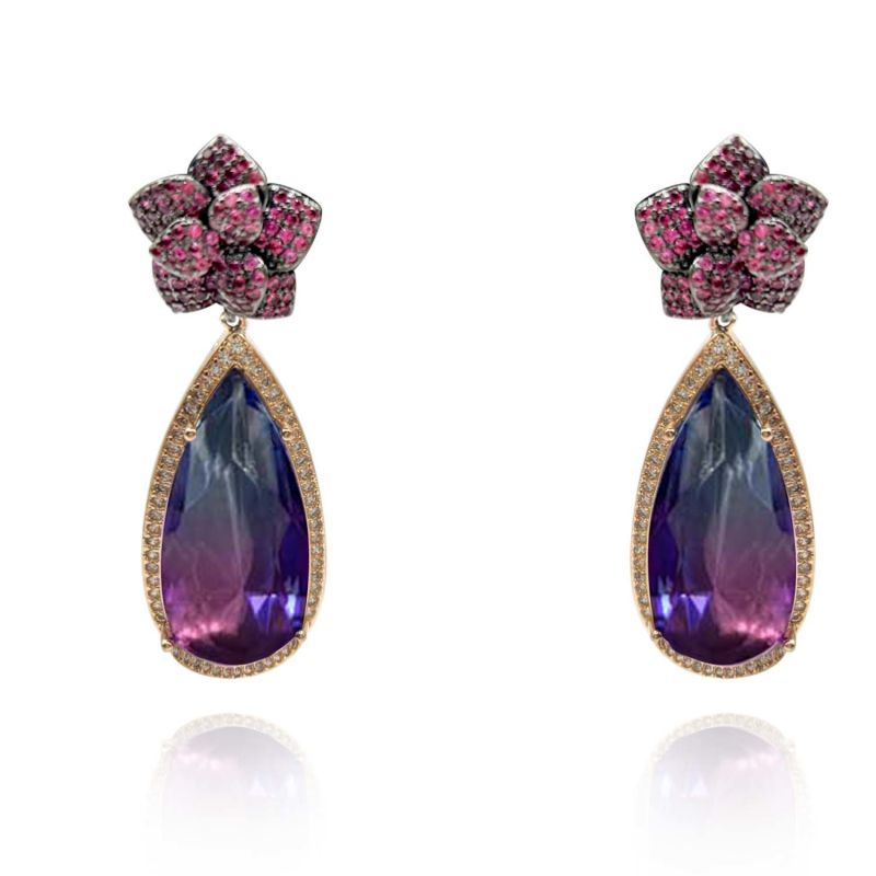 Ruby Cubic Zirconium Flower With Elongated Amethyst Cubic Zirconium Pear Drop Earrings image