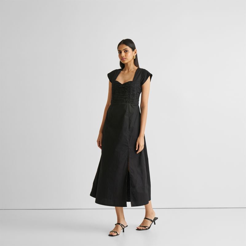 Ruched Dress With Front Slit In Black image