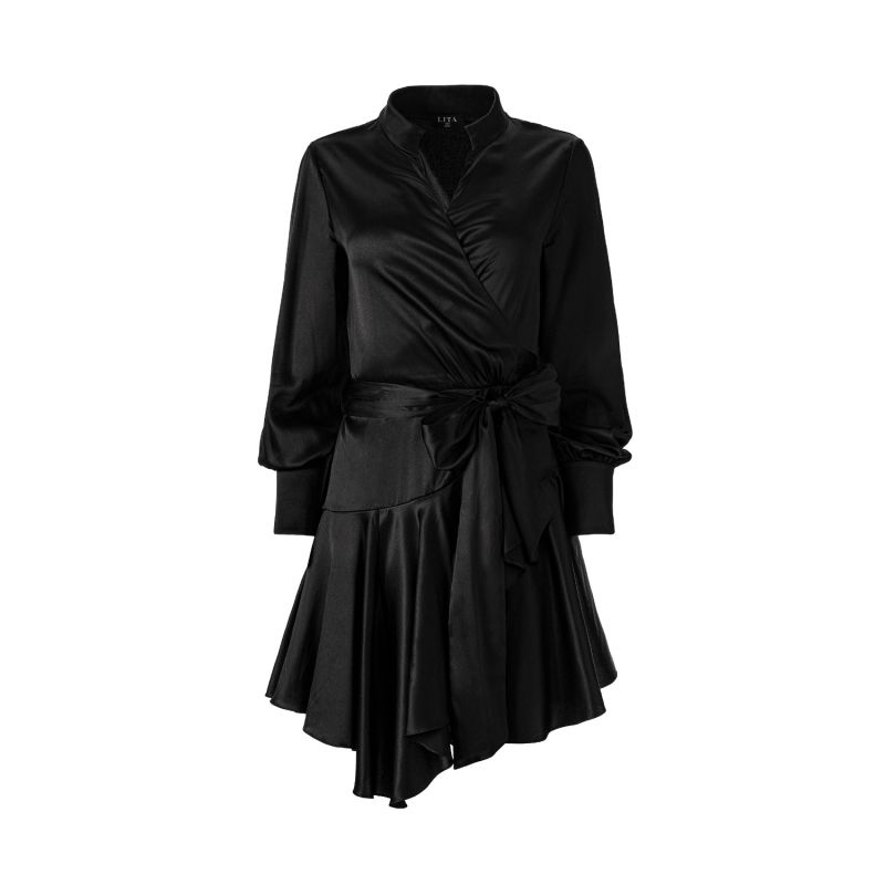 Ruffle Hem Silk Wrap Dress In Black image