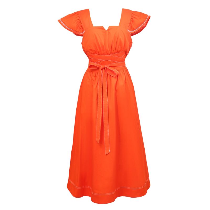 Ruffle Sleeves Square Cleavage Dress - Orange image