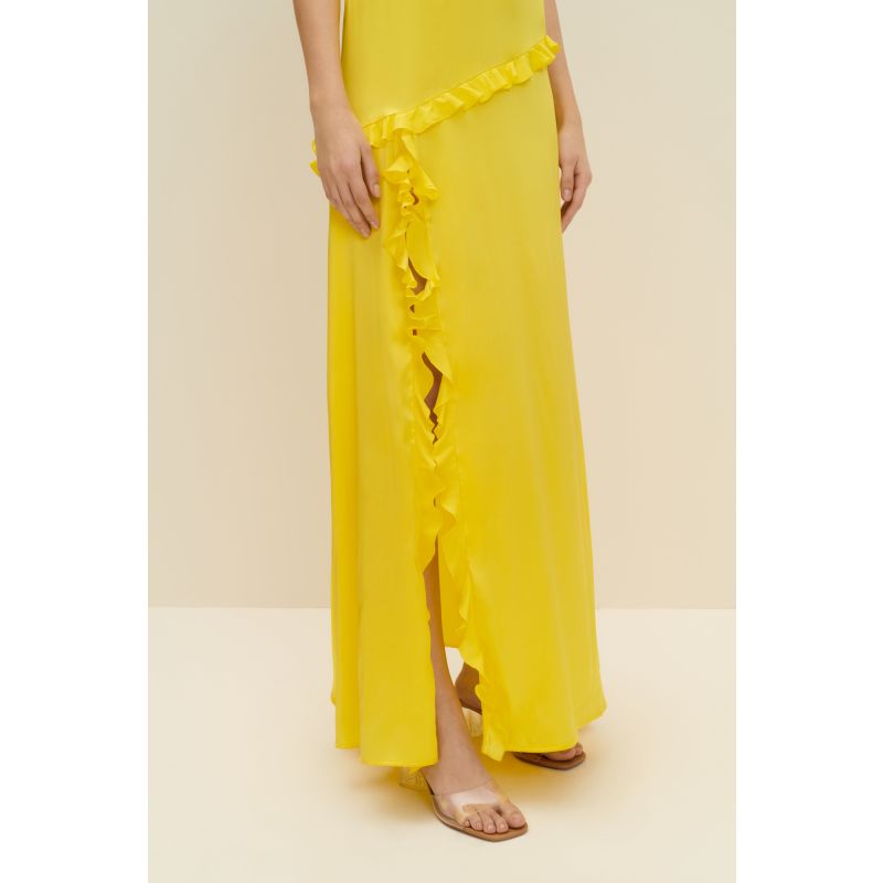 Ruffled Silk Maxi Dress In Lemon Yellow image