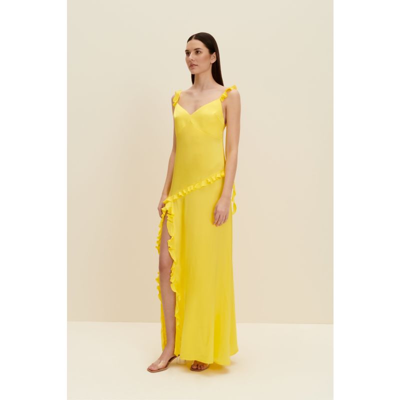 Ruffled Silk Maxi Dress In Lemon Yellow image