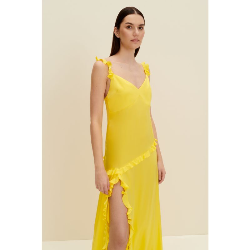 Ruffled Silk Maxi Dress In Lemon Yellow image