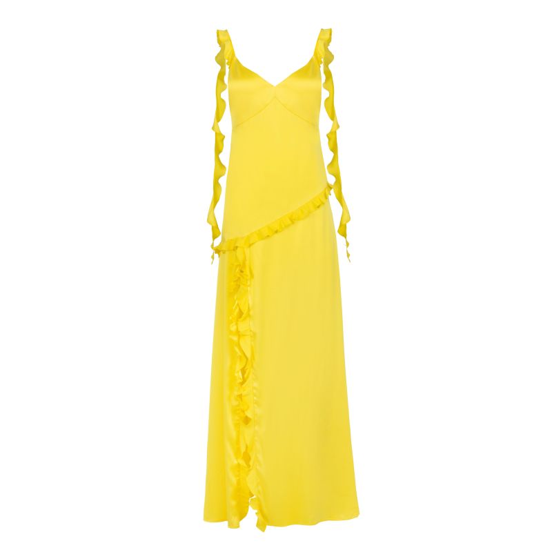 Ruffled Silk Maxi Dress In Lemon Yellow image