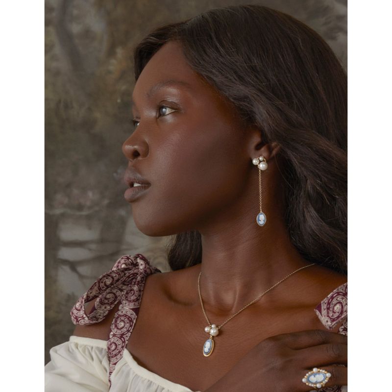 Lilith Gold-Plated Sky Blue Cameo And Pearl Drop Earrings image