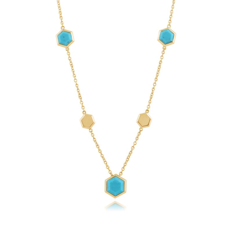 Turquoise Hexagon Chain Necklace In Gold Plated Silver image
