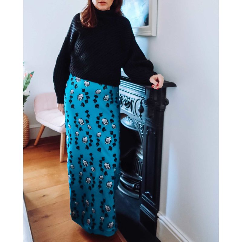 Teal Floral Maxi Jersey Skirt image