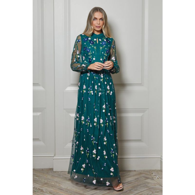 Rydia Floral Embroidered Maxi Dress - Alpine Green | Frock and Frill ...