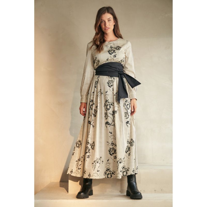 Dots-Flower-Print Maxi Dress With Detachable Wide Belt image