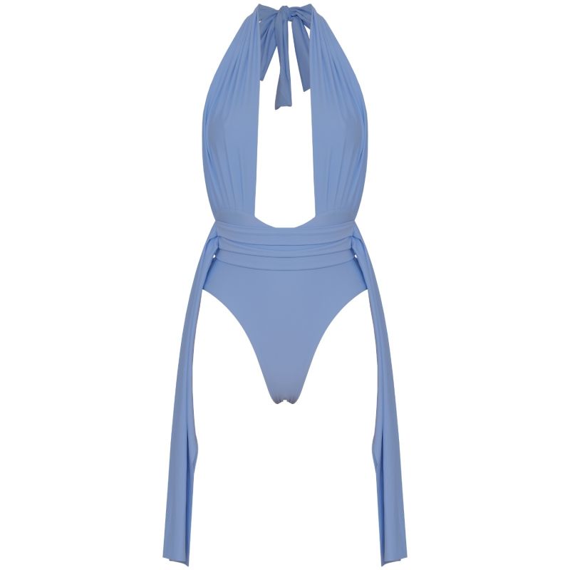 Plonger Deep Plunge Halter Neck Swimsuit With Decorative Belt In Blue image