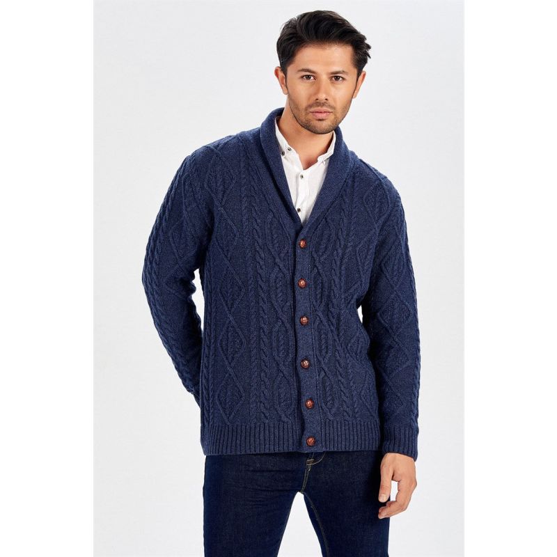 Shawl Collar Cashmere Blend Cable Knit Men's Cardigan - Indigo image