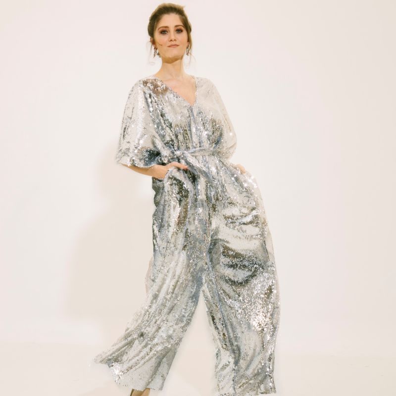 Silver Sequin Palazzo Jumpsuit With Satin Lining & Detachable Belt image