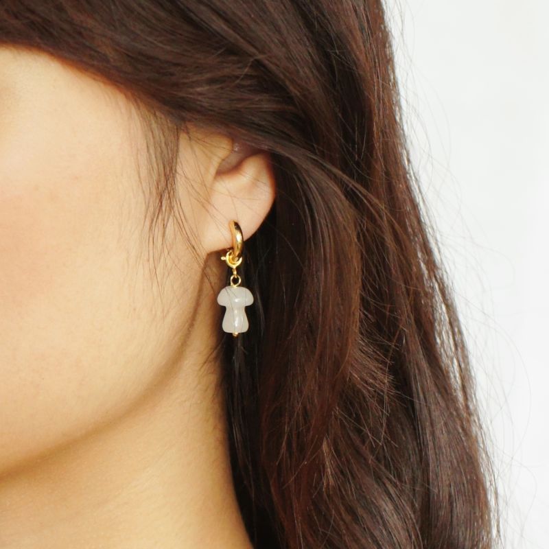 Organic Produce Mushroom & Freshwater Pearl Drop Gold Vermeil Hoop Earrings, White Jade image