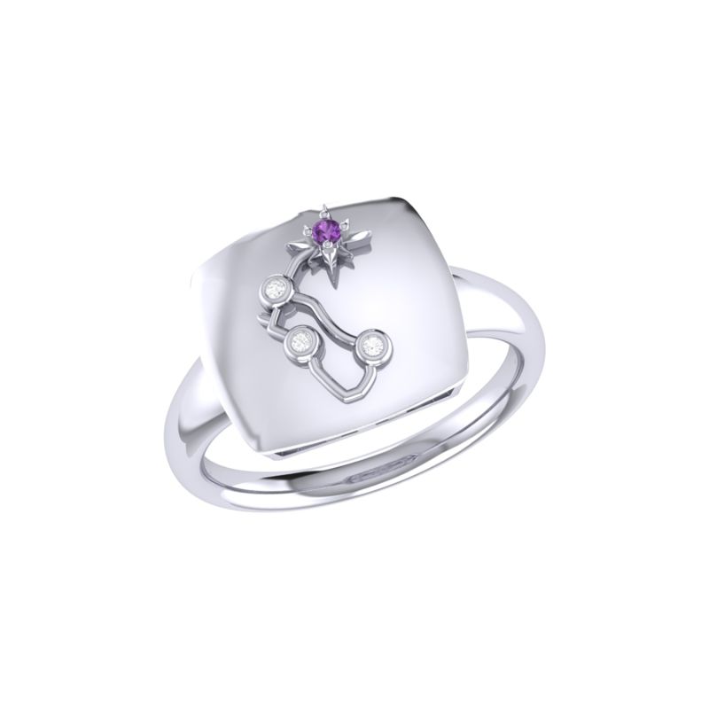 Aquarius Water-Bearer Amethyst & Diamond Constellation Signet Ring In Sterling Silver image