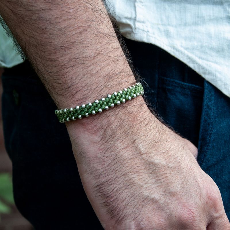 Eco-Friendly Men's Chunky Silver And Apple Green Waterproof Rope Bracelet - Green image