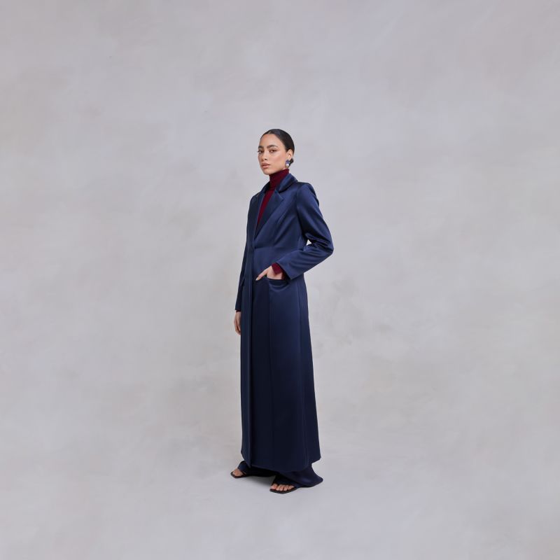 Saleha Navy Belted Satin Maxi Trench Blazer Coat image