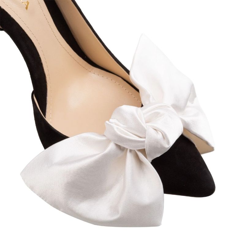 Samantha Black Suede And Oversized White Satin Bow Open Sided Stiletto image