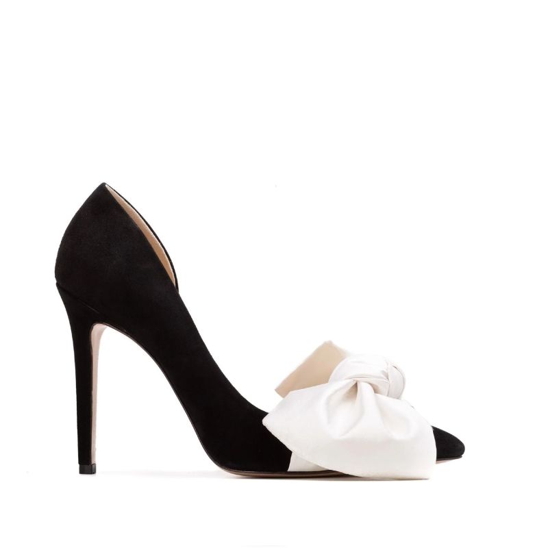 Samantha Black Suede And Oversized White Satin Bow Open Sided Stiletto image