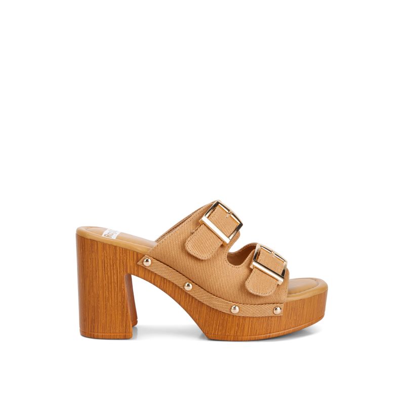 Sarai Buckle Straps High Block Heel Clogs In Tan image