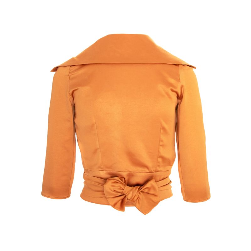 Satin Lapel Wrap Blouse With Bow - Orange image