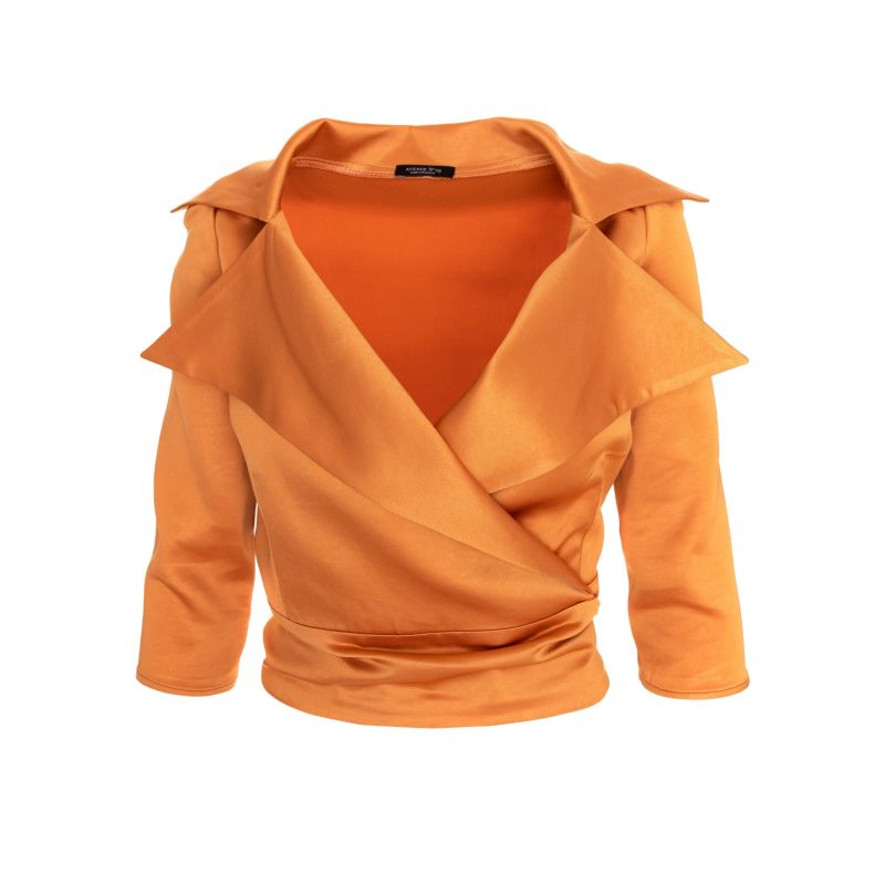 Satin Lapel Wrap Blouse With Bow - Orange image
