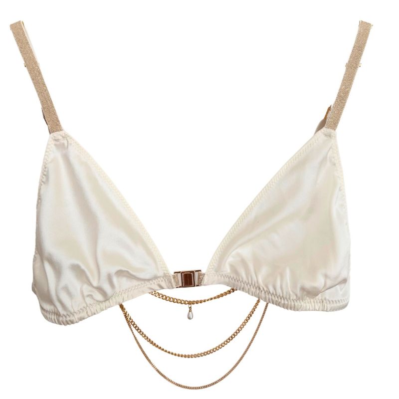 Satin Silk Jewel-Back Bra - Ivory & Gold - Ayda, SAETA Paris