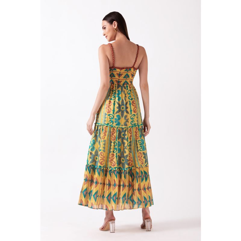 Savari - Mustard Smocked Strap Midi Dress image