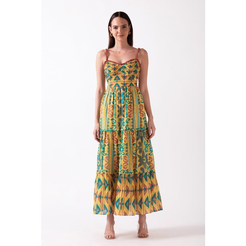 Savari - Mustard Smocked Strap Midi Dress image