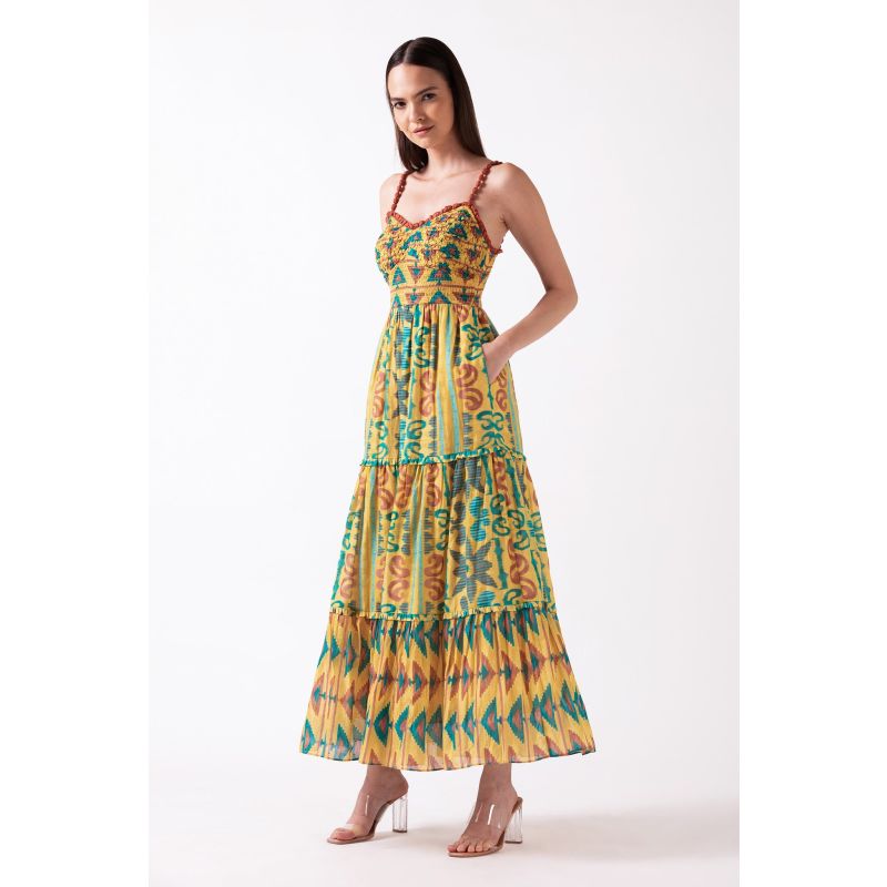 Savari - Mustard Smocked Strap Midi Dress image