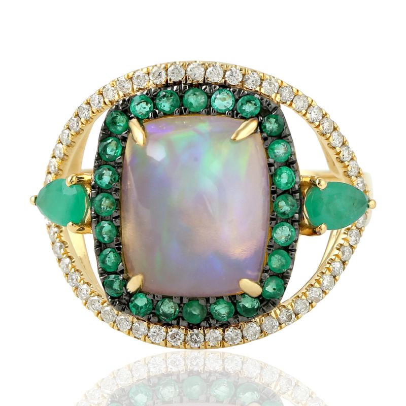 18K Yellow Gold With Diamond & Emerald And Opal Ethiopian Ring image