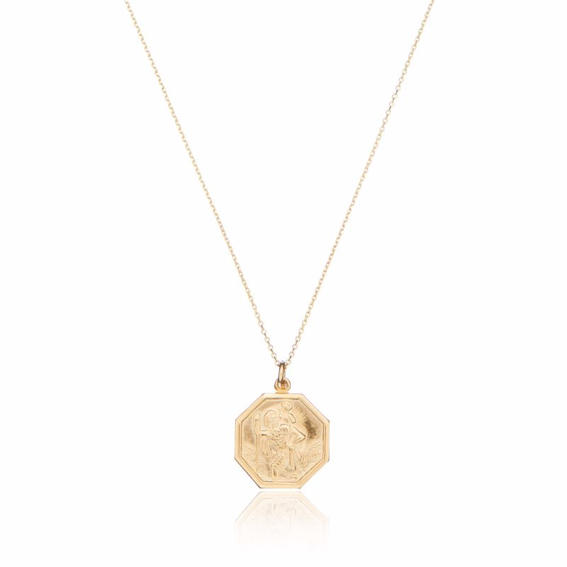 Solid Gold St Christopher Octagonal Medallion Pendant Necklace image