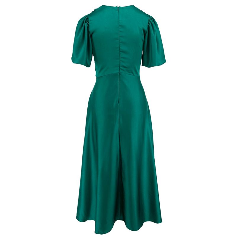 Brooklyn Retro Midi Satin Dress In Emerald Green | ROSERRY | Wolf & Badger