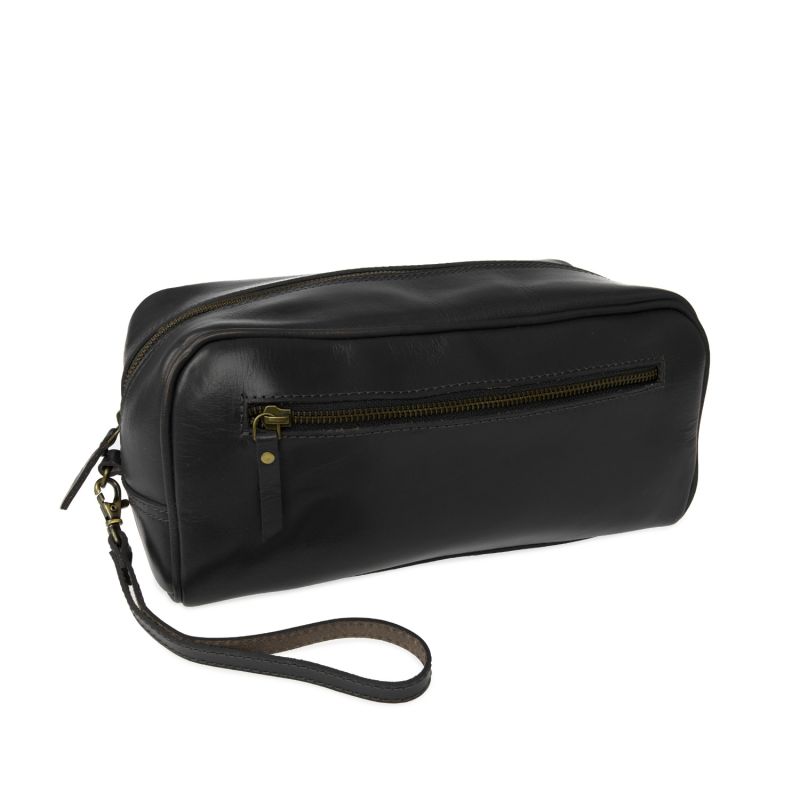 Wandering SoulLeather Wash Bag With Strap in Black image