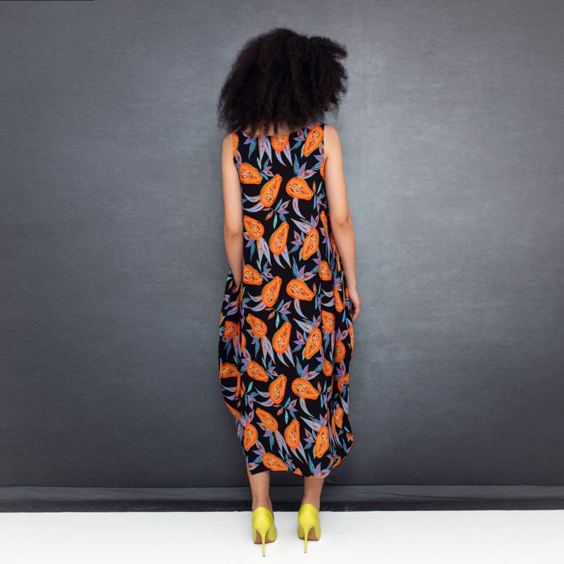 Semiballoon Dress In Black Viscose With Papayas image