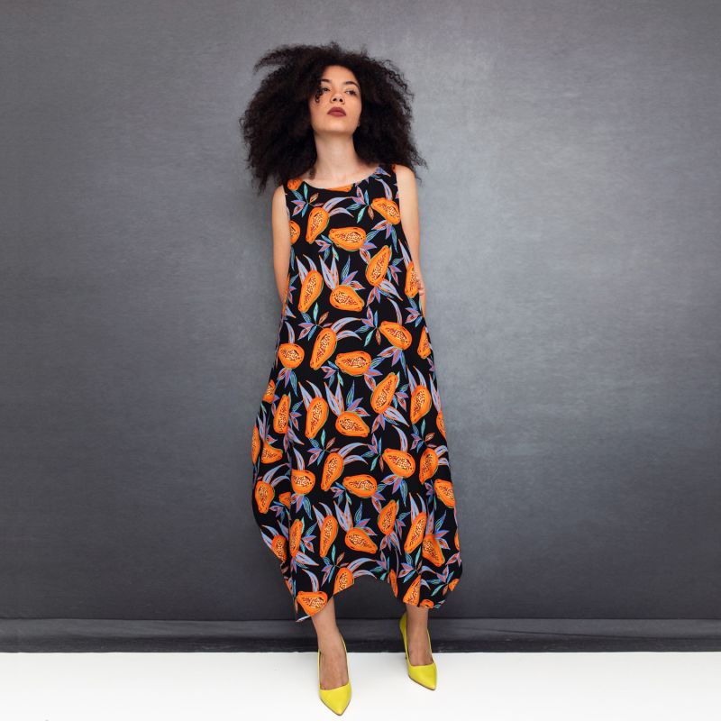 Semiballoon Dress In Black Viscose With Papayas image