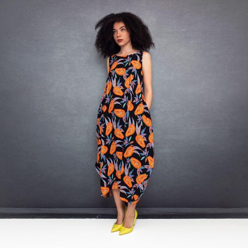 Semiballoon Dress In Black Viscose With Papayas image