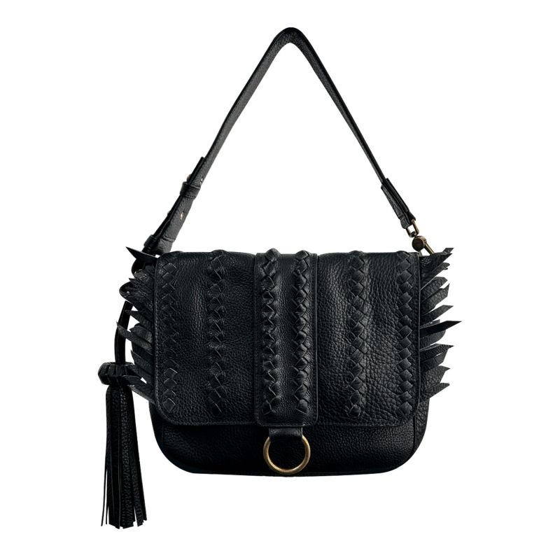 Seneca Black Full-Grain Leather Handbag With Braided Details & Eye-Catching Fringe image