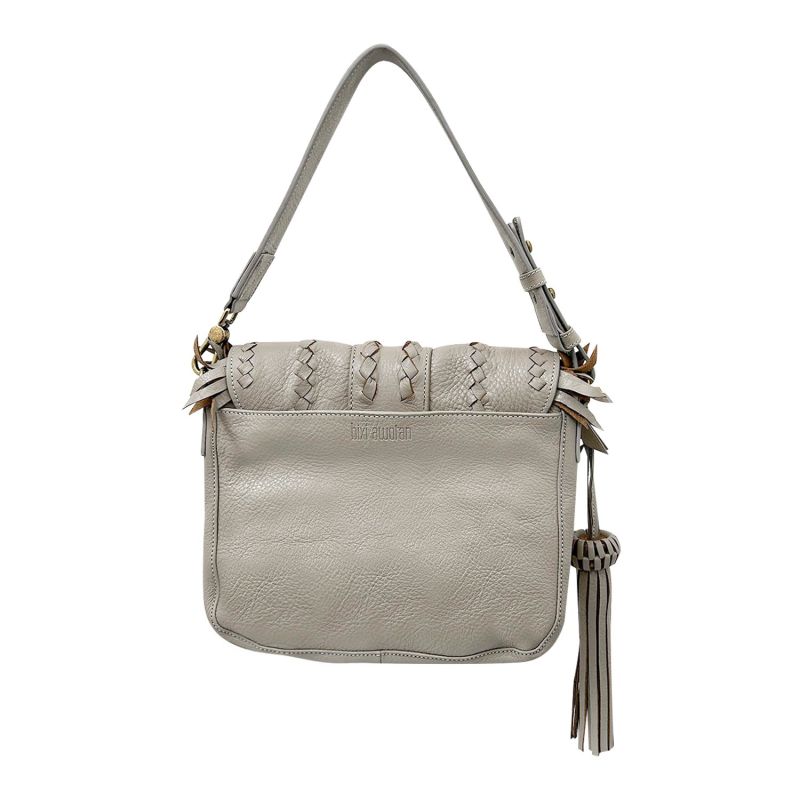 Seneca Gray Taupe Full-Grain Leather Handbag With Braided Details & Eye-Catching Fringe image