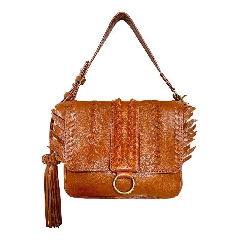 Seneca Tan Mocha Full-Grain Leather Handbag With Braided Details & Eye-Catching Fringe image