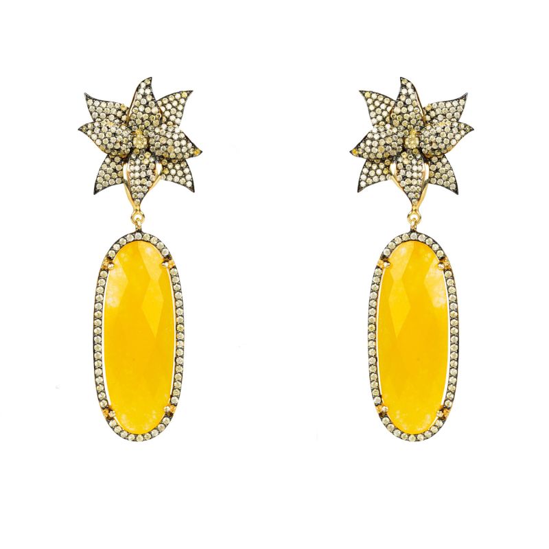 Lotus Flower Oval Yellow Citrine Earrings Gold image