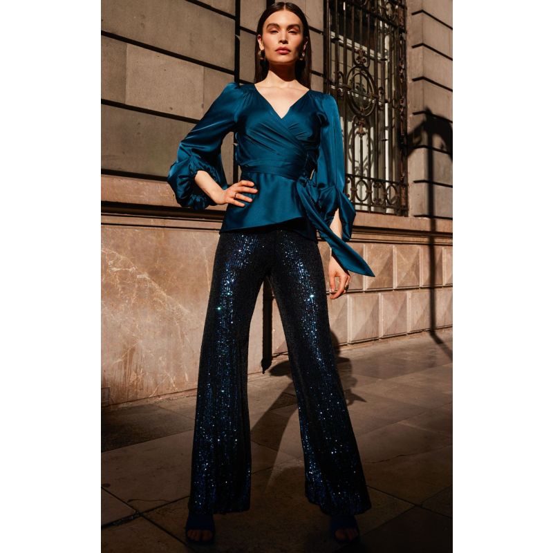 Sequin Palazzo Pant In Peacock image