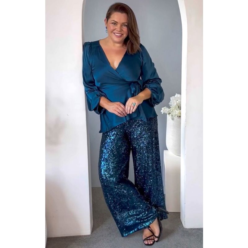 Sequin Palazzo Pant In Peacock image