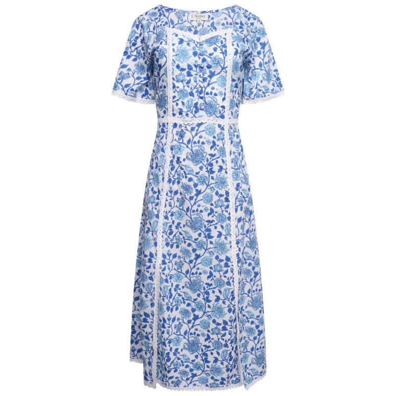 Serafina Blue Floral Cotton Midi Dress With Side Splits image