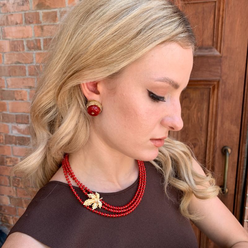 Classic Red Coral Rhinestone Stud Earrings image