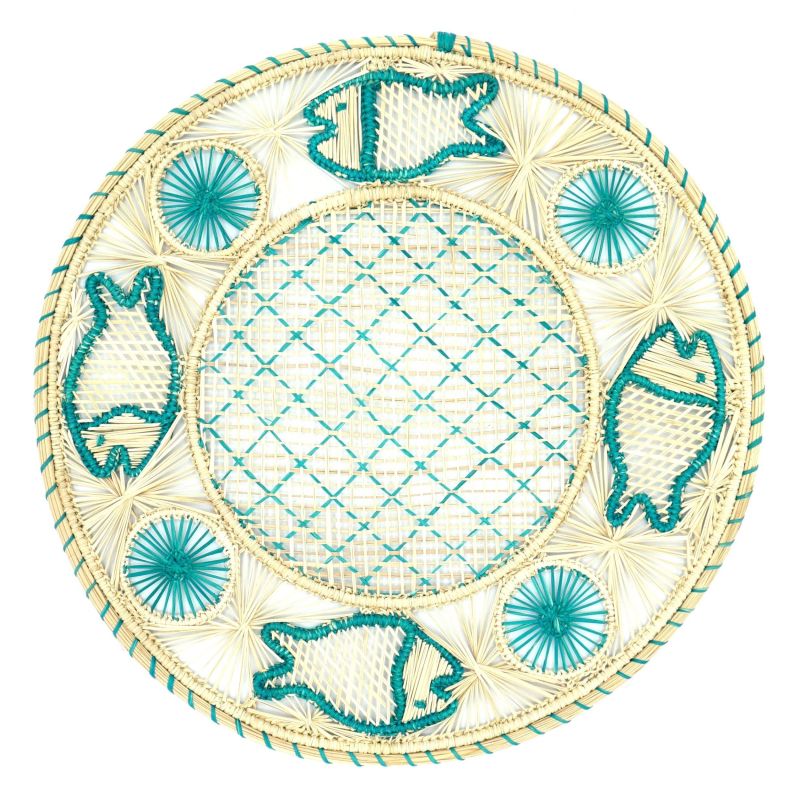 Set X 4 Natural Straw Woven Turquoise Fish Placemats image