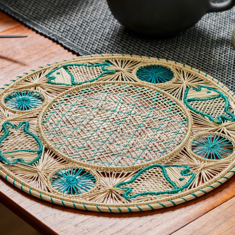 Set X 4 Natural Straw Woven Turquoise Fish Placemats image